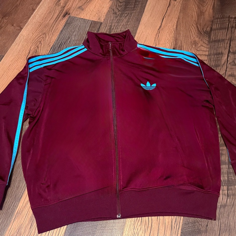 Adidas Men's Maroon Jacket with Blue Stripes